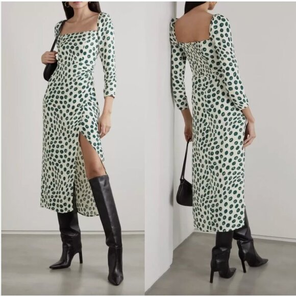 Reformation Hilda Midi Dress Tapioca Green Polka Dot Long Sleeves Wrap Style - Picture 1 of 7